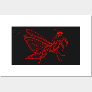 Praying Mantis in Neon Red - Dark or Black Horror Nightmare Design Art Posters and Art